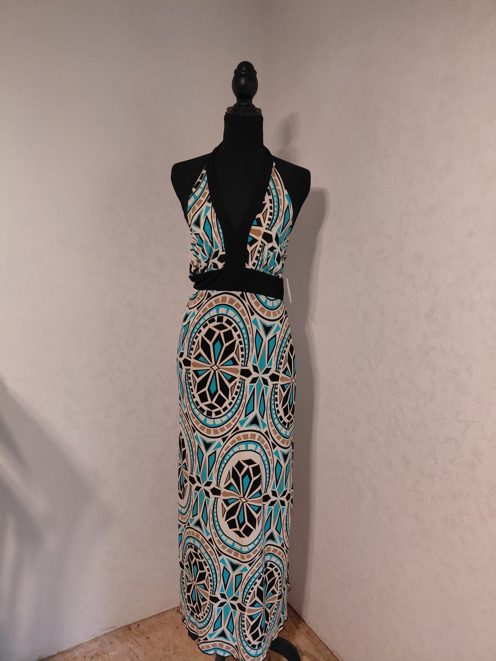 Enfocus Studio Black, Turquoise & Cream Geometric Halter Maxi Dress